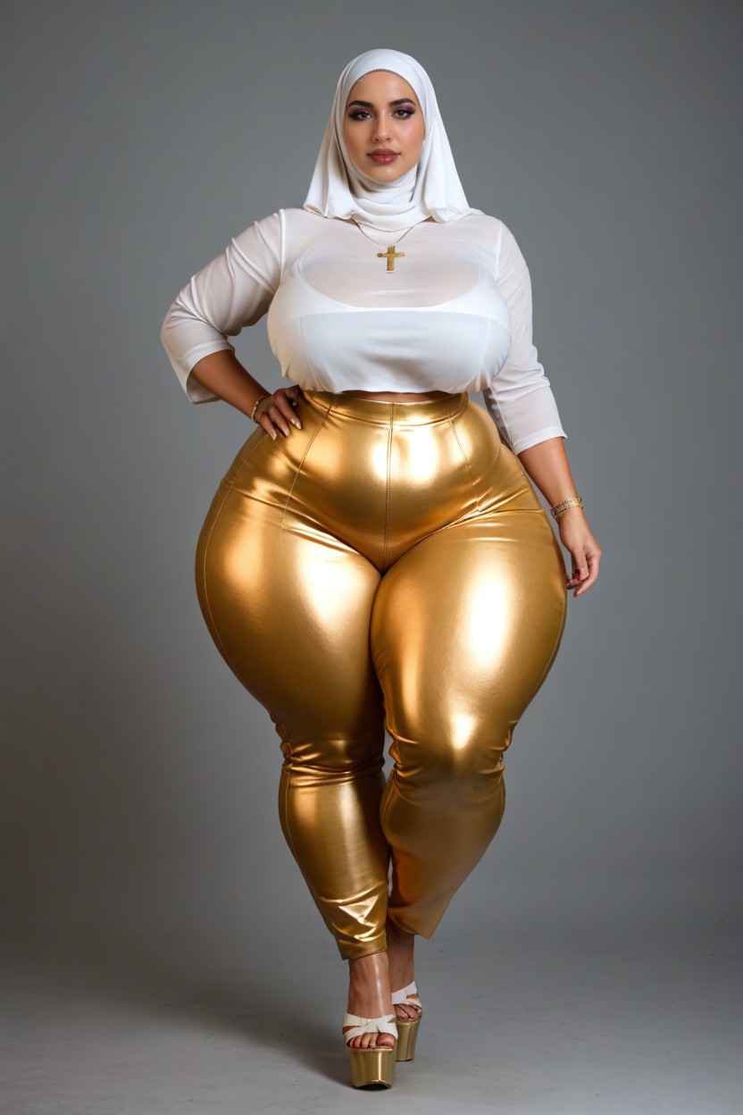 Thick Thighs, A Stunningly Beautiful Hijabi Woman With Exaggerated Hourglass Figure, Gigantic Huge Massive Hyper Thighs AI Porn