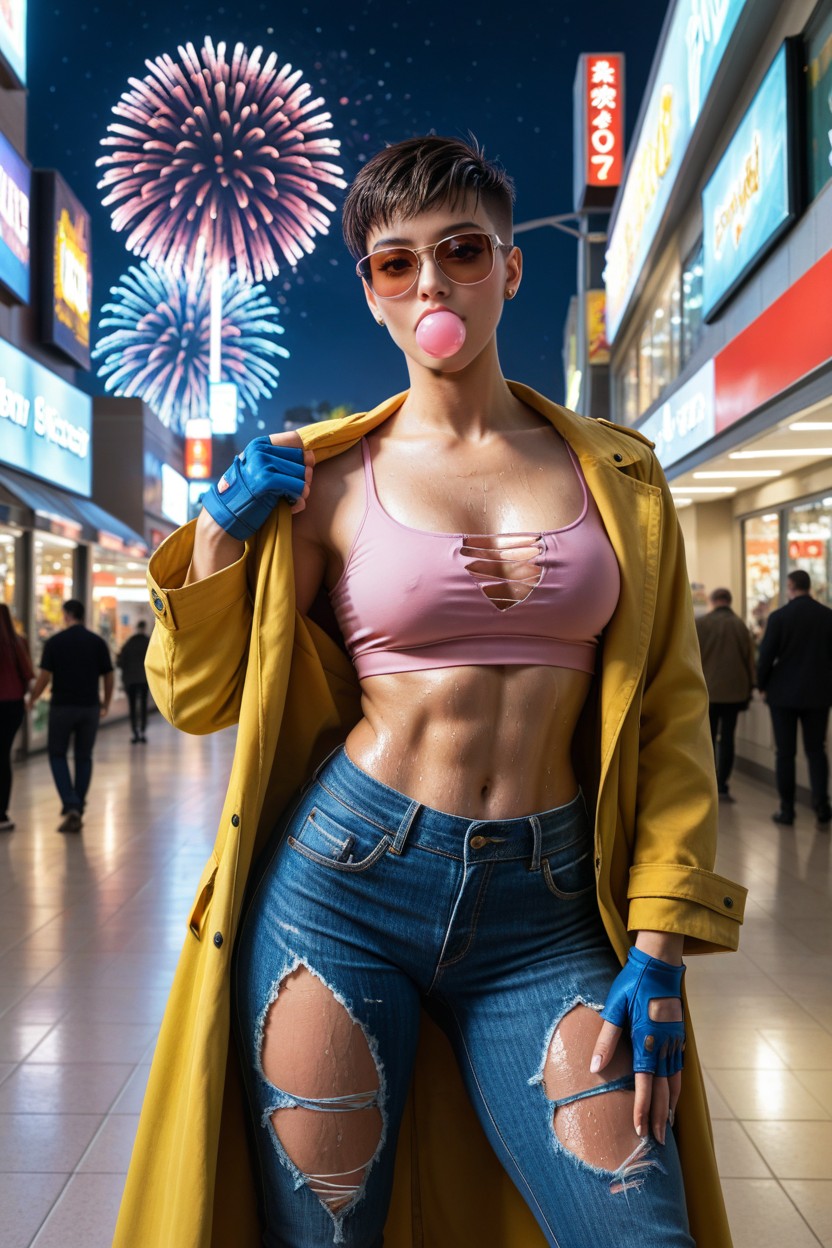 Pixie Haircut, Large Pink Wrap Around Sunglasses, Extremely Wide Hips Porno IA