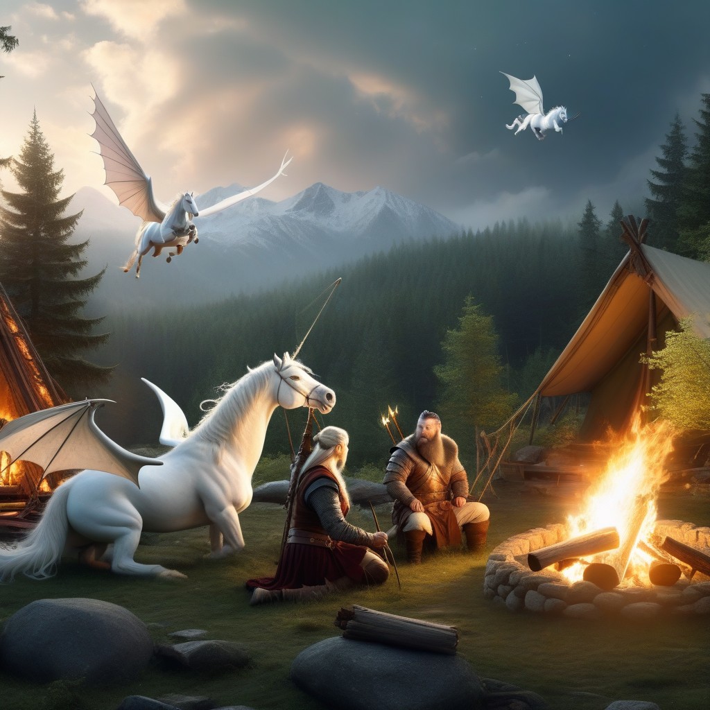 Panoramic View, White Pegasus With Wings Flying In The Distance, Strong Camping Atmosphere Porno IA