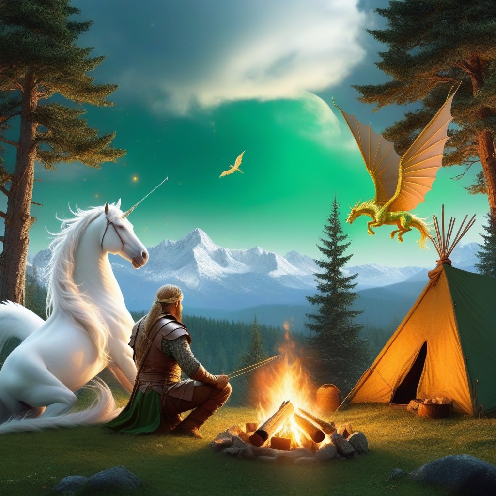 Calm Mood, Dense Forest With Tall Trees, White Pegasus With Wings Flying In The Distance Porno IA