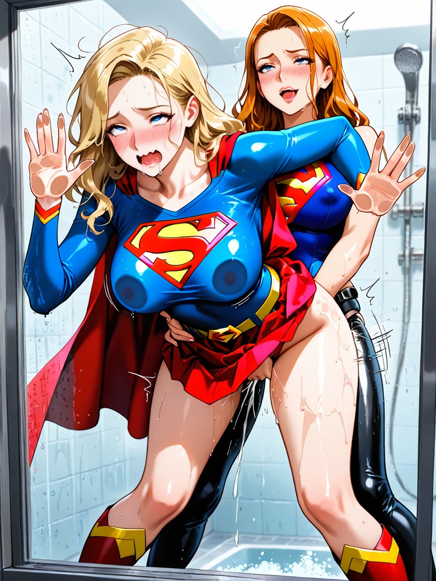 Two Supergirl, Single Emblem On Chest Only, Líneas De Rebote Porno IA