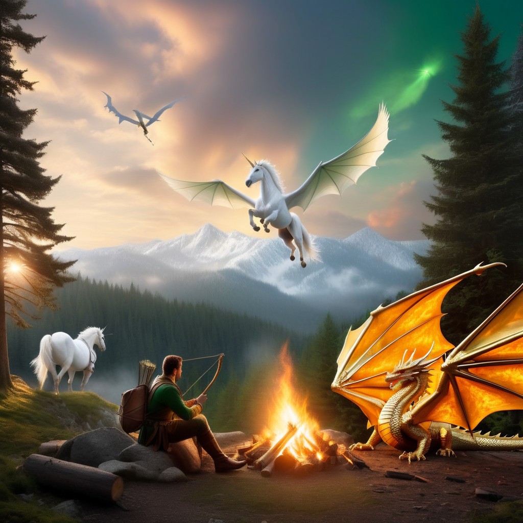A Large Gold Dragon Lying With Wings Folded, Facing The Fire Porno IA