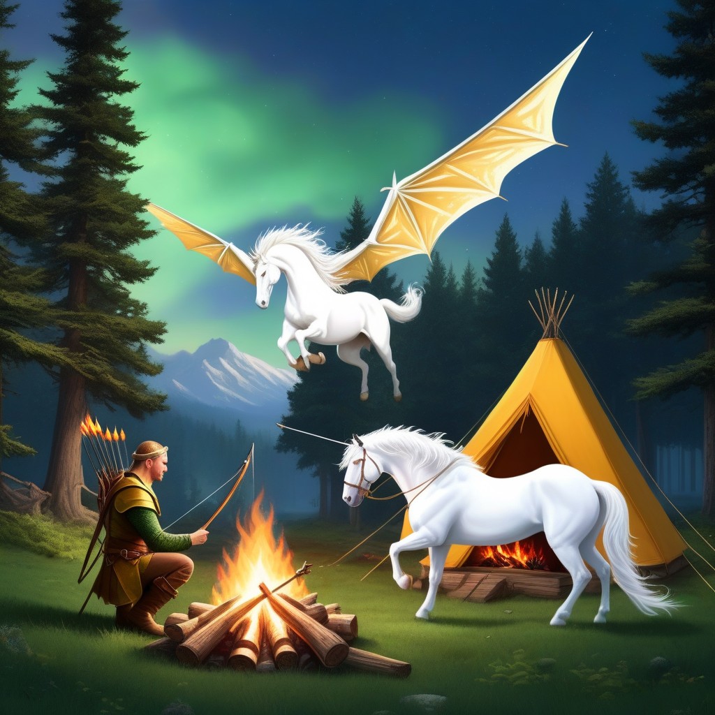 Calm Mood, Male Dwarf Sitting Near The Fire, White Pegasus With Wings Flying In The Distance Porno IA