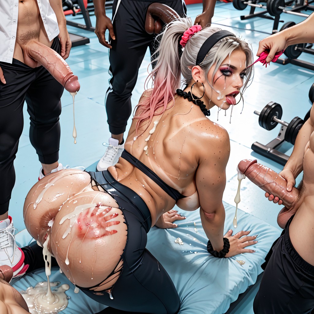 Pink Hair Highlights, 체육관, Cum Dripping From Tits AI 포르노