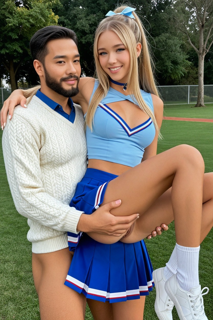 Blushing, Cheerleader, Dark-skinned Asian 's With Beard Face In View Pornografia de IA