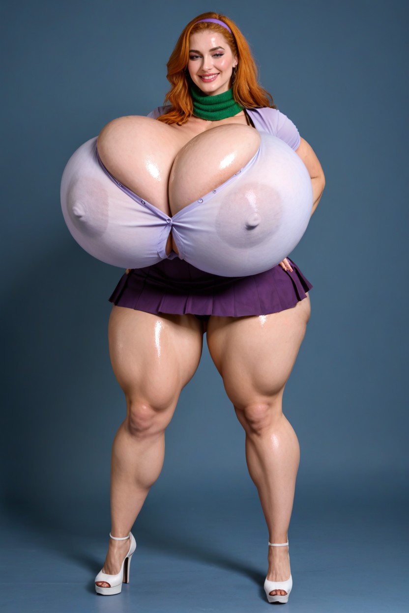 Mauve Headband, Lime Green Scarf, Hyper Gigantic Breasts Pornografia de IA