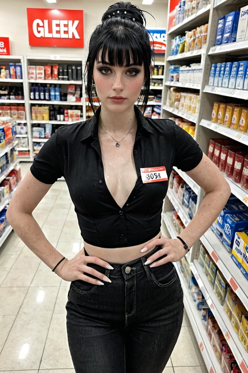 Standing Behind Register, Sexy Goth Babe, Manager Outfit Porno IA