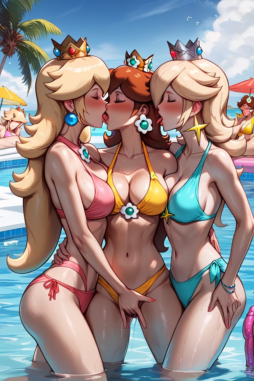 Princess Peach Wearing Pink Swimsuit, Rounded Breast, Lesbian Kissing AI Porn