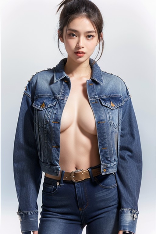 Girl, Pointy Breasts, Circle Studded Rows Black Leather Collar AI Porn