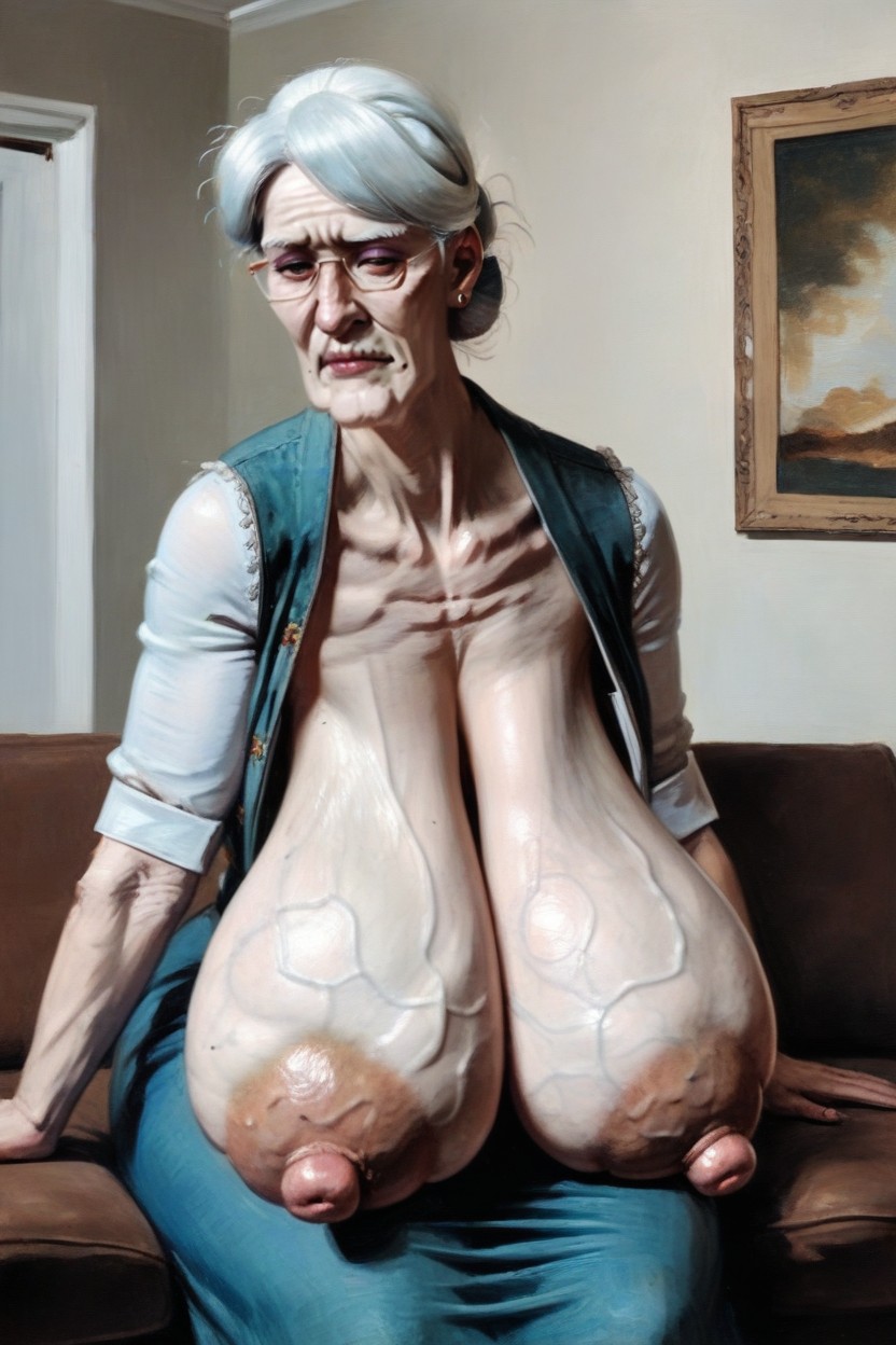 Very White Skin, Old Lady's Long-sleeved Clothing, Massive Tits AI Porn