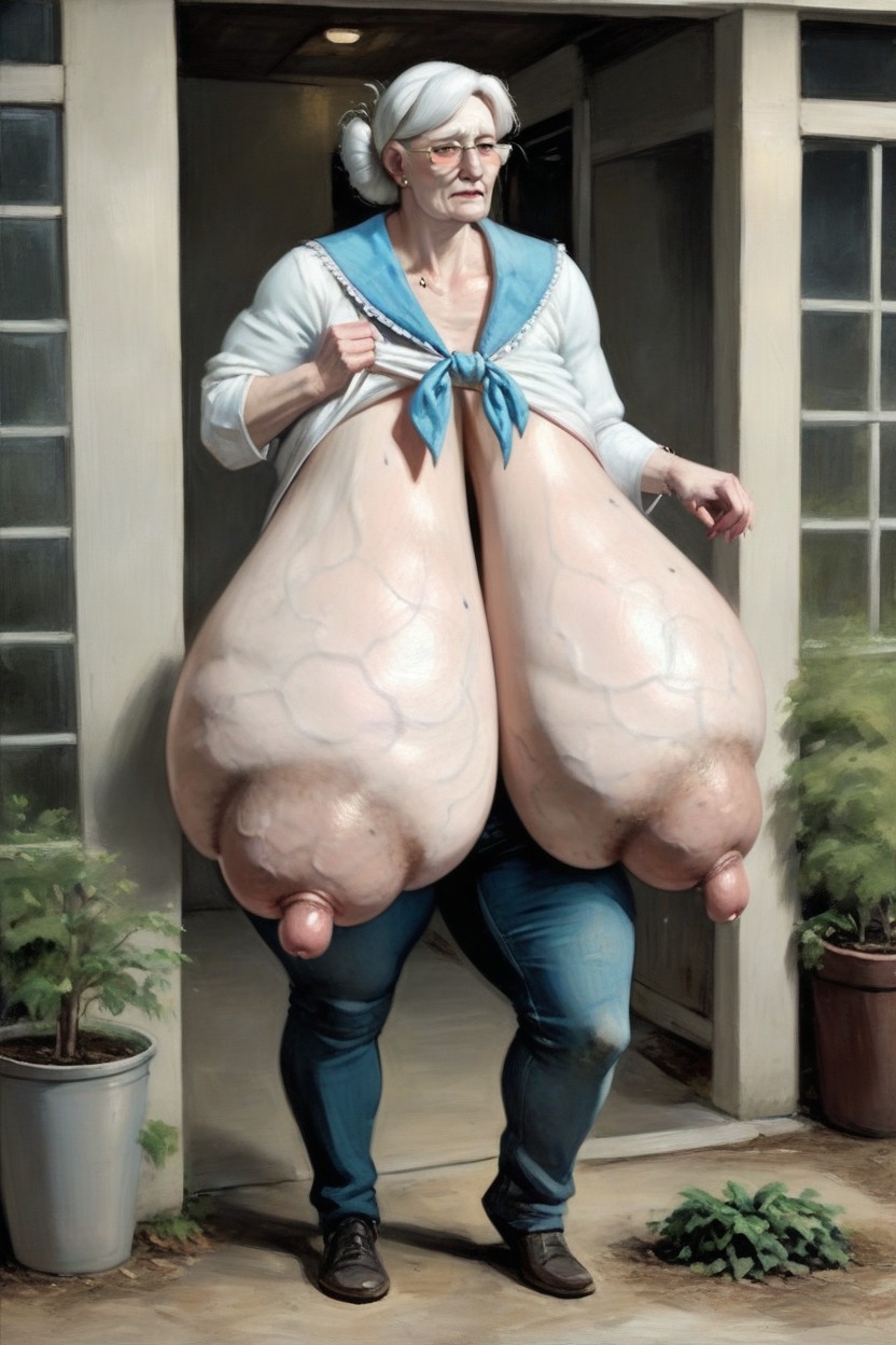 Breasts Touch A Woman's Feet Because They Are Extremely Long, Ssbbw, Saggy Tits AIポルノ