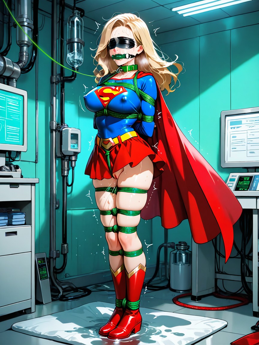 Green Blindfold, Arms Behind Back, Red Skirt AI 포르노