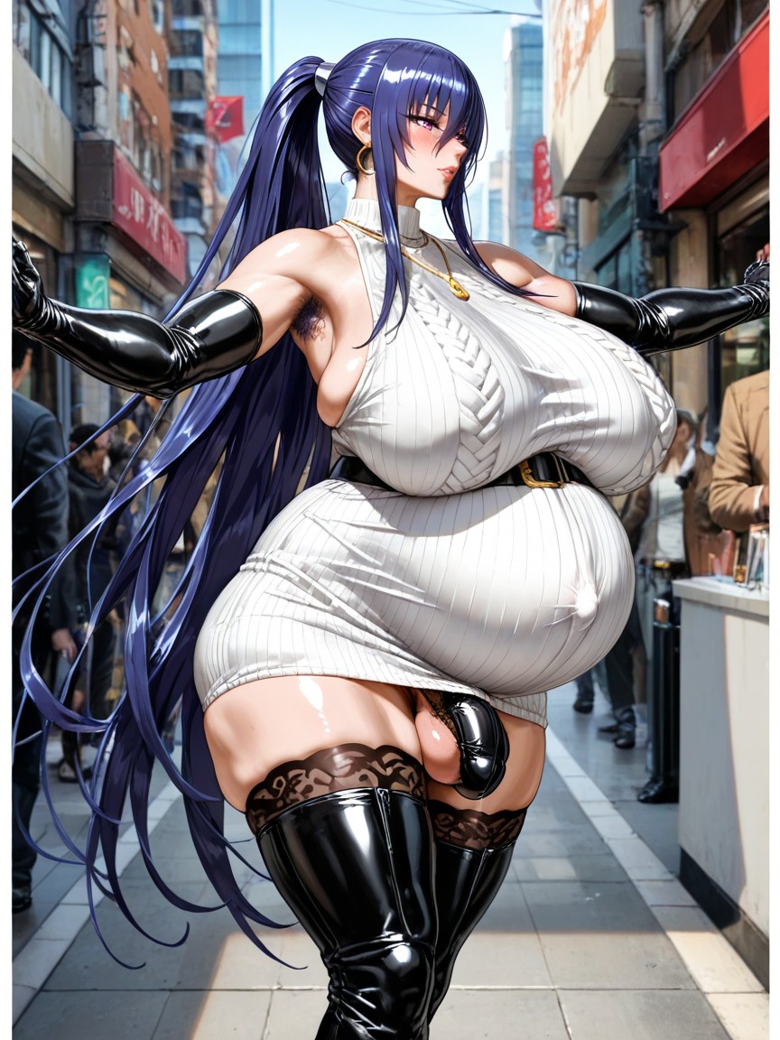 White Outfit, Black Lace-up Thigh-high Boots, Not Looking Forward KI Porno