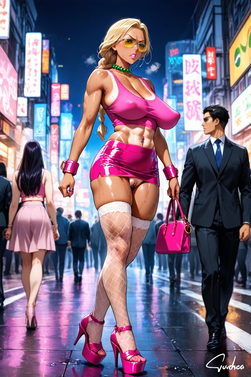Midriff Showing, V-shaped Eyebrows, Walking Down A Crowded Street AI黄片