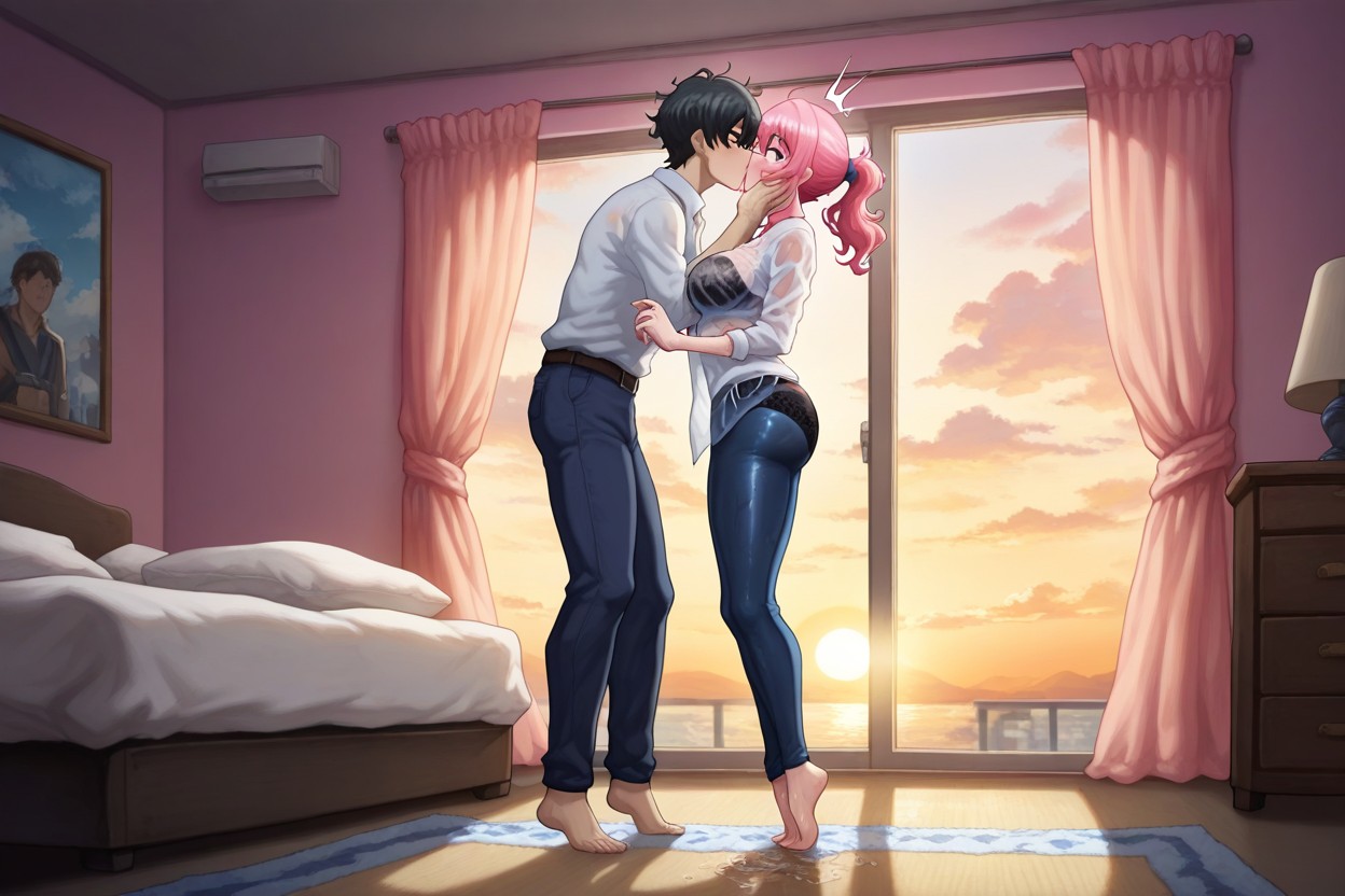 In Pink Room, Girl's Hands Touching Boy's Face, Beautiful Room Pornografia de IA