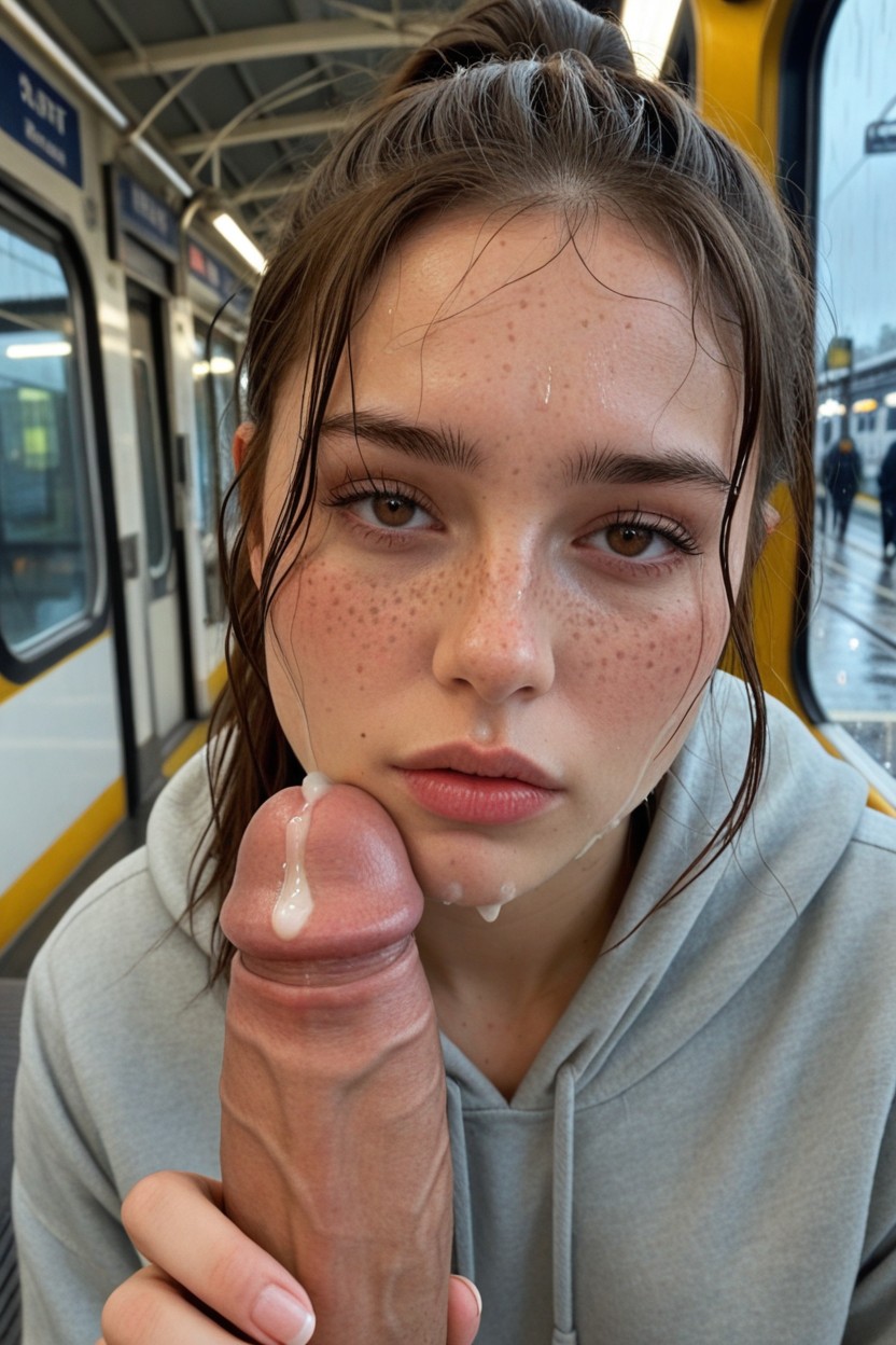 Ultra Large Brown Eyes, My Insignificant White Cock Imposing On Her Wet Face, Kneeling ИИ порно