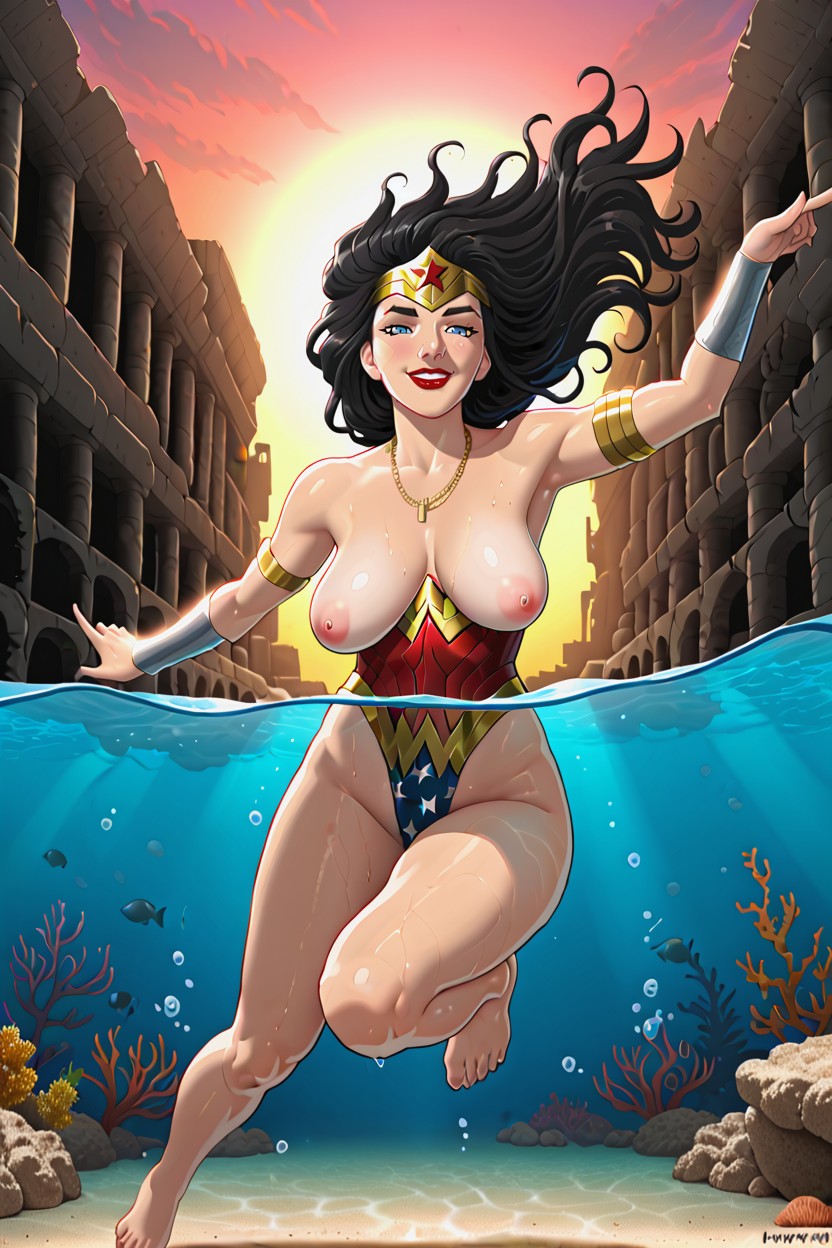 Very Detailed Face, Wonder Woman, Exploring Old Submerged Greek Ruins AI Porn