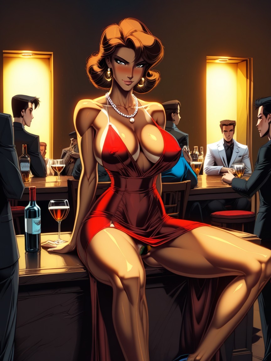 Gold Earrings, Chairs, Wearing A Sexy And Elegant Red Dress AI 야짤