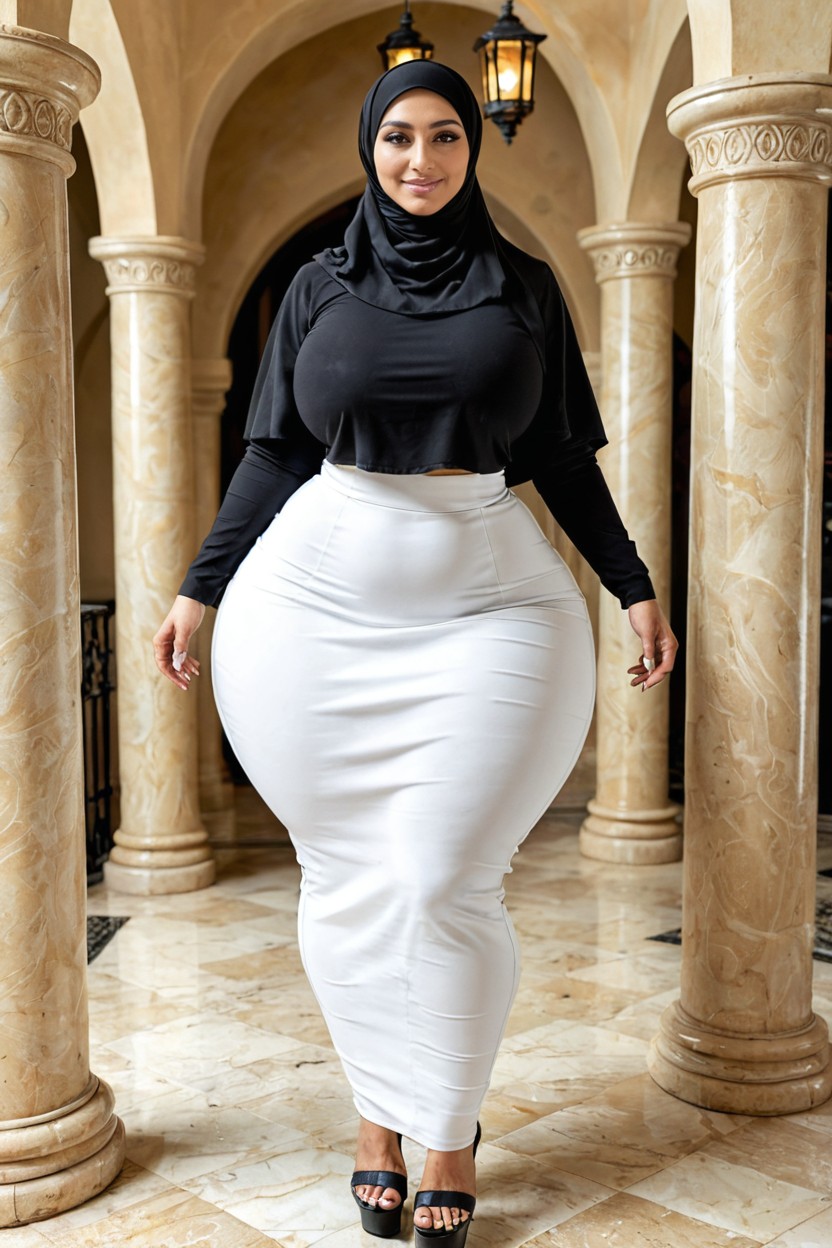 Vue De Face, Disproportionally Wide Hips, Ultra Form-fitting Black Abaya With Deep V-neck And Long Sleeves Porno IA