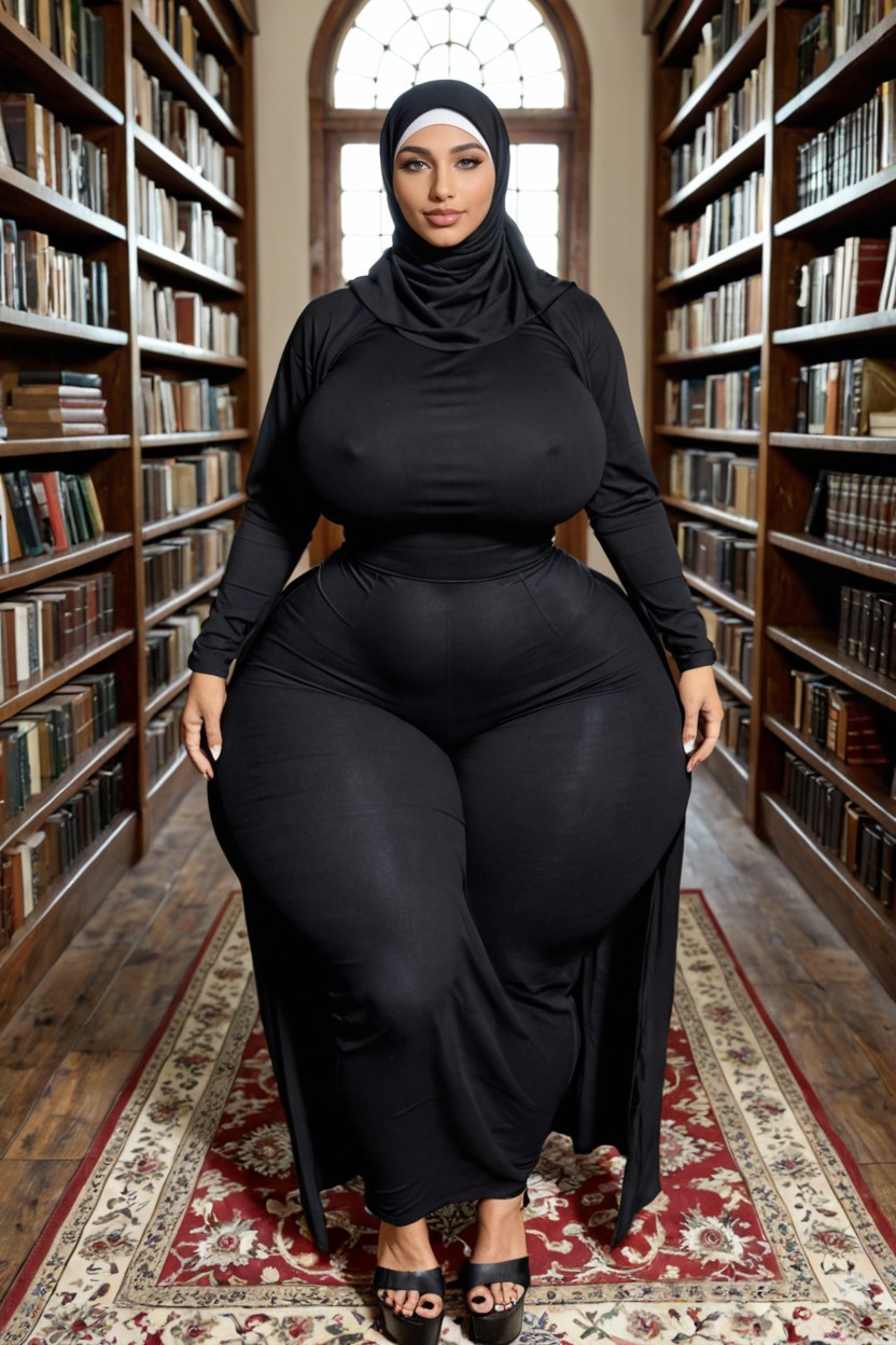 18+, Matching Hijab Draped Elegantly, Background Is A Sunlit Library With Tall Wooden Bookshelves AI Porn