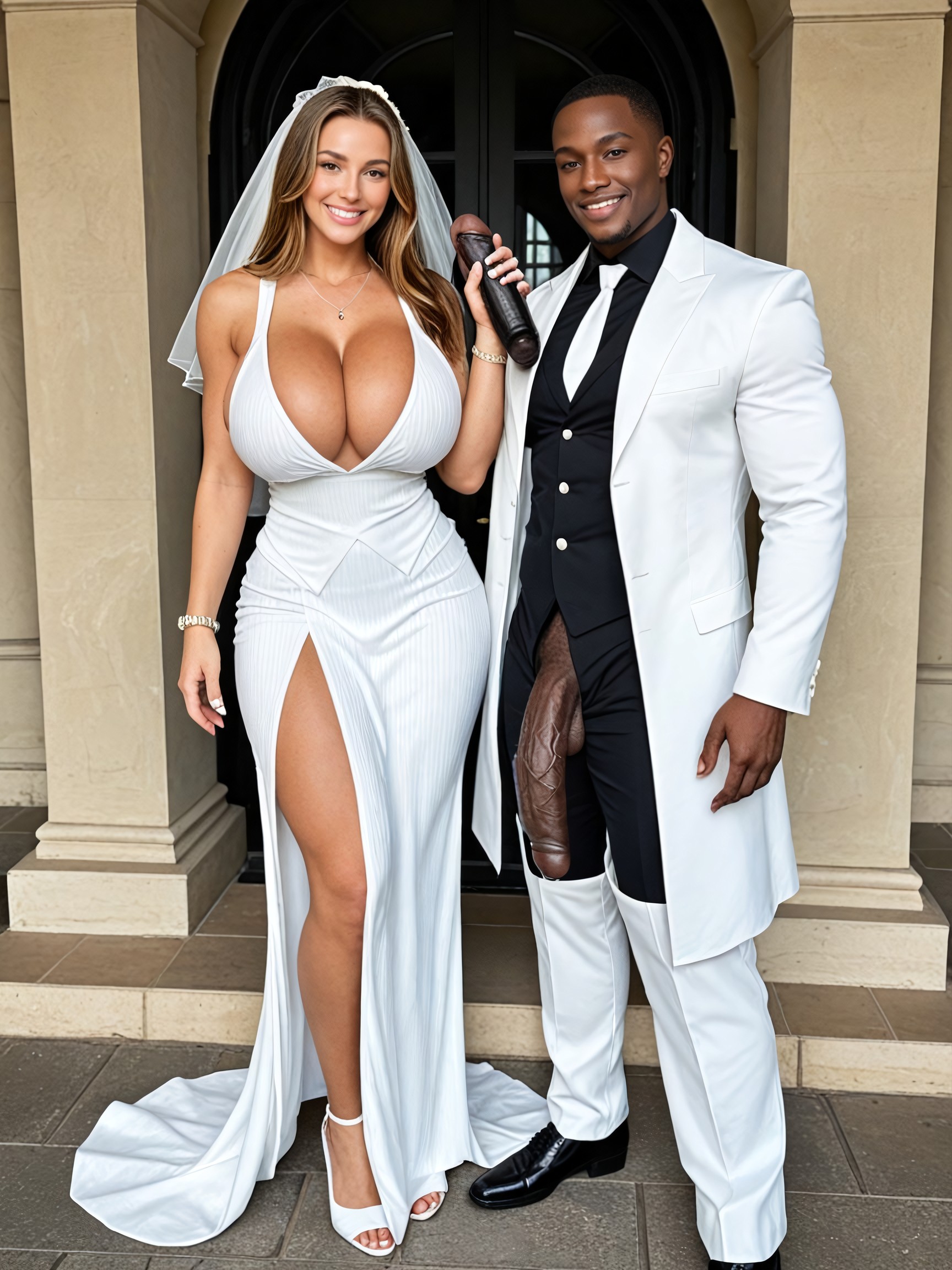 Hyper Massive Black Cock, Bride Standing By Wedding Alter, Olhos Castanhos Pornografia de IA