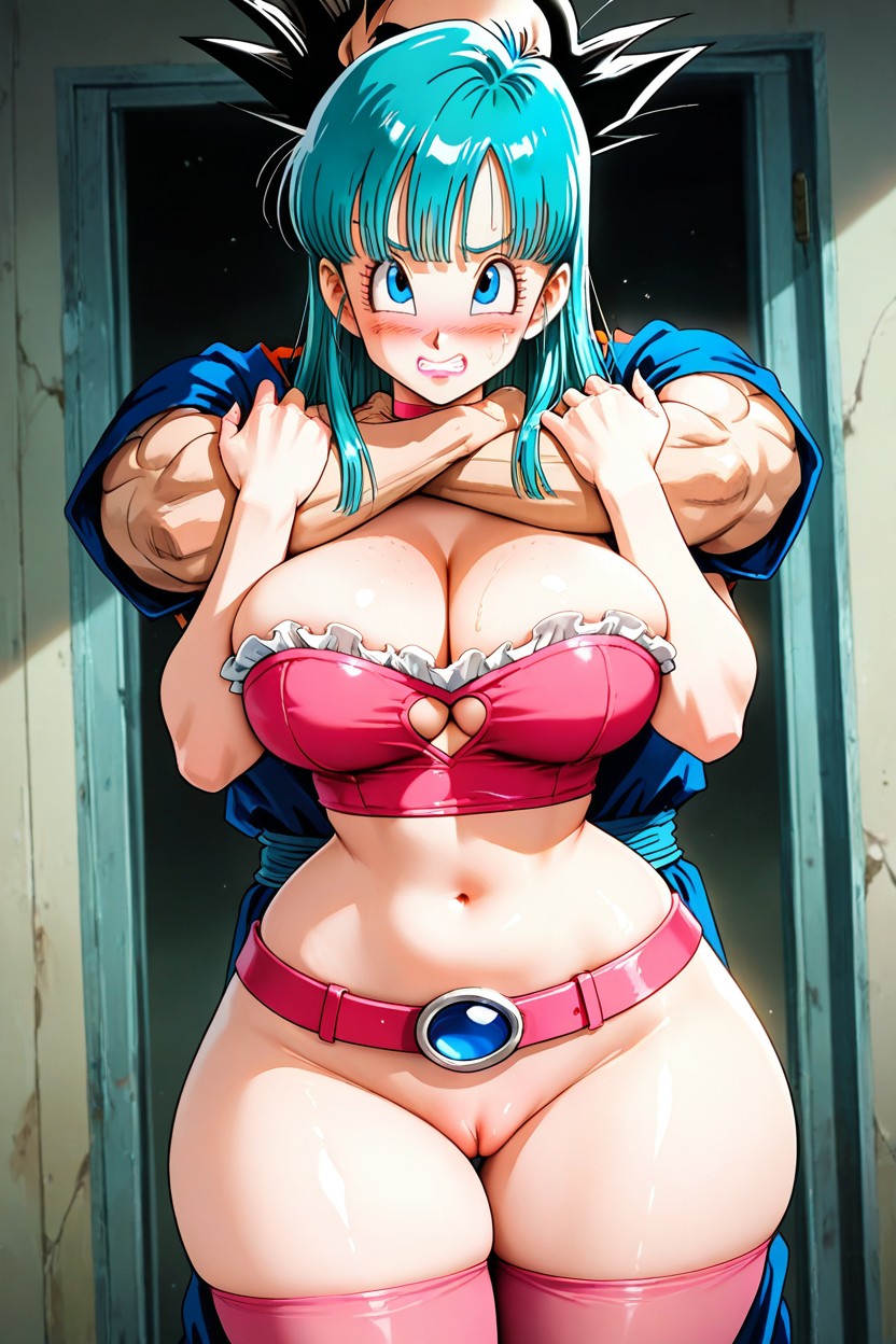 Thick Thighs, Blue Eyes, Goku From Dbz Hugging Woman Horny Man Standing Behind Her Porno IA