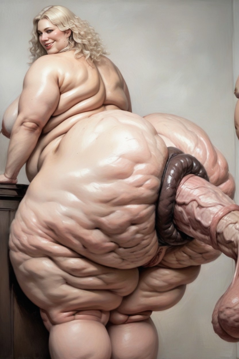 Looking At Viewer, Chubby Face, Hyper Detailed Swollen Asshole Protrudes Out Extremely Far Out Around Hyper Thick Monster Cock AIポルノ
