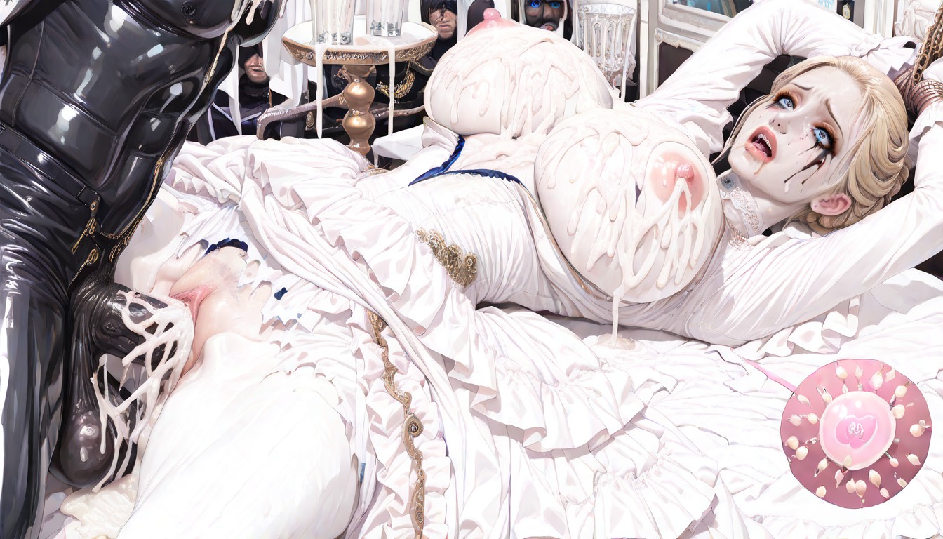 Elegant White Bourgeois Dress With Frills With Gold Trim From The S, Shocked, Huge Sagging Balls AI Porn