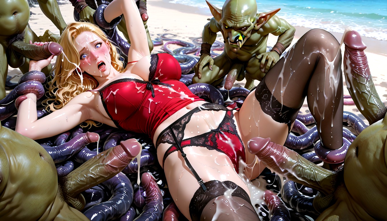 Surrounded By Many Gremlin Goblin Monsters, Surprised, Facial Cumshot AI 포르노