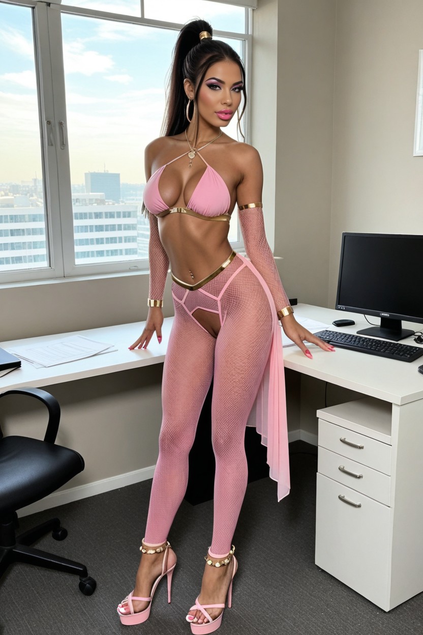 Pink Mesh Arm Sleeve, Runny Makeup, Shiny Jewelry AI 야짤