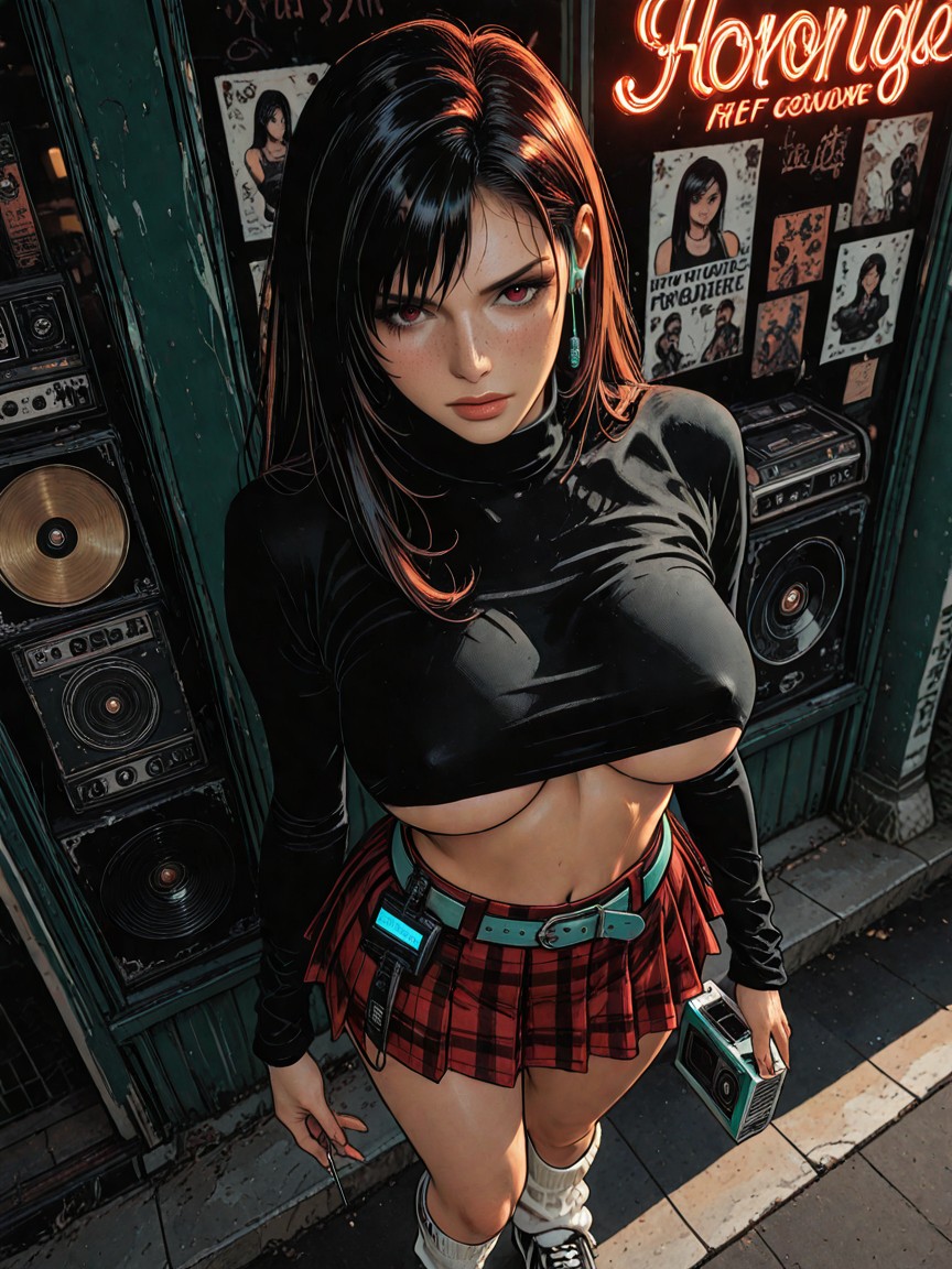 ミニスカート, 夜, Red Plaid Pleated Miniskirt With A Turquoise Belt AIポルノ