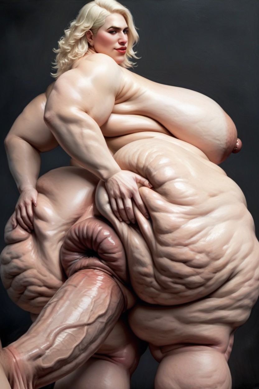 Frizzy Blonde Hair, No Pubic Hair, Extremely Huge Hyper Wrinkly Anus Protrudes Around Massive Giant Cock AI Porn