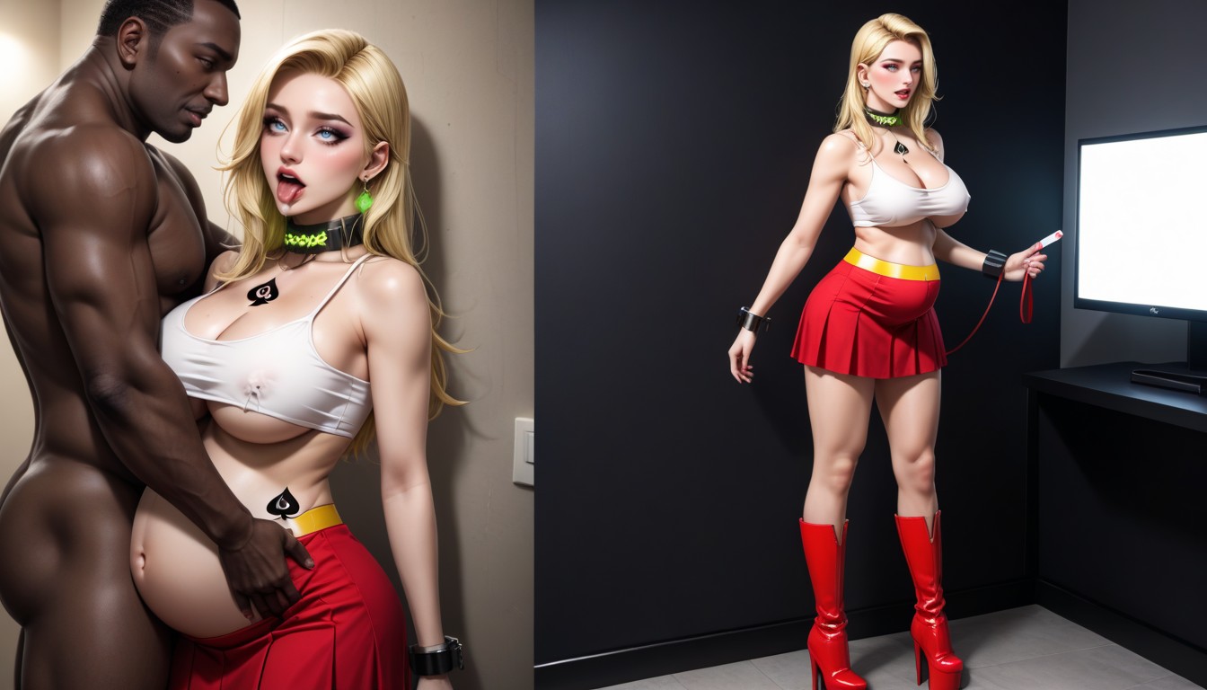 Face Tilted Upwards, Has Queen Of Spades Symbol Across Her Chest It Says Black Breeder In Black Across Her Boobs Lettering Instead Of An It Red Skirt, Ugly Dark Black African Men Handjob AIポルノ
