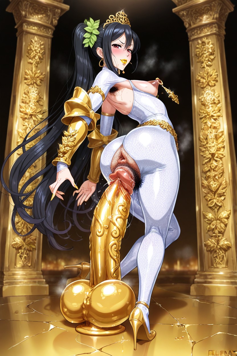 Beautiful, Huge Golden Metal Dildo Inserted Into Vagina And Anal, Full Body AI 포르노