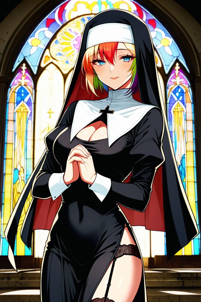 Praying, Rainbow Hair, Multi Colored Hair AI Porn
