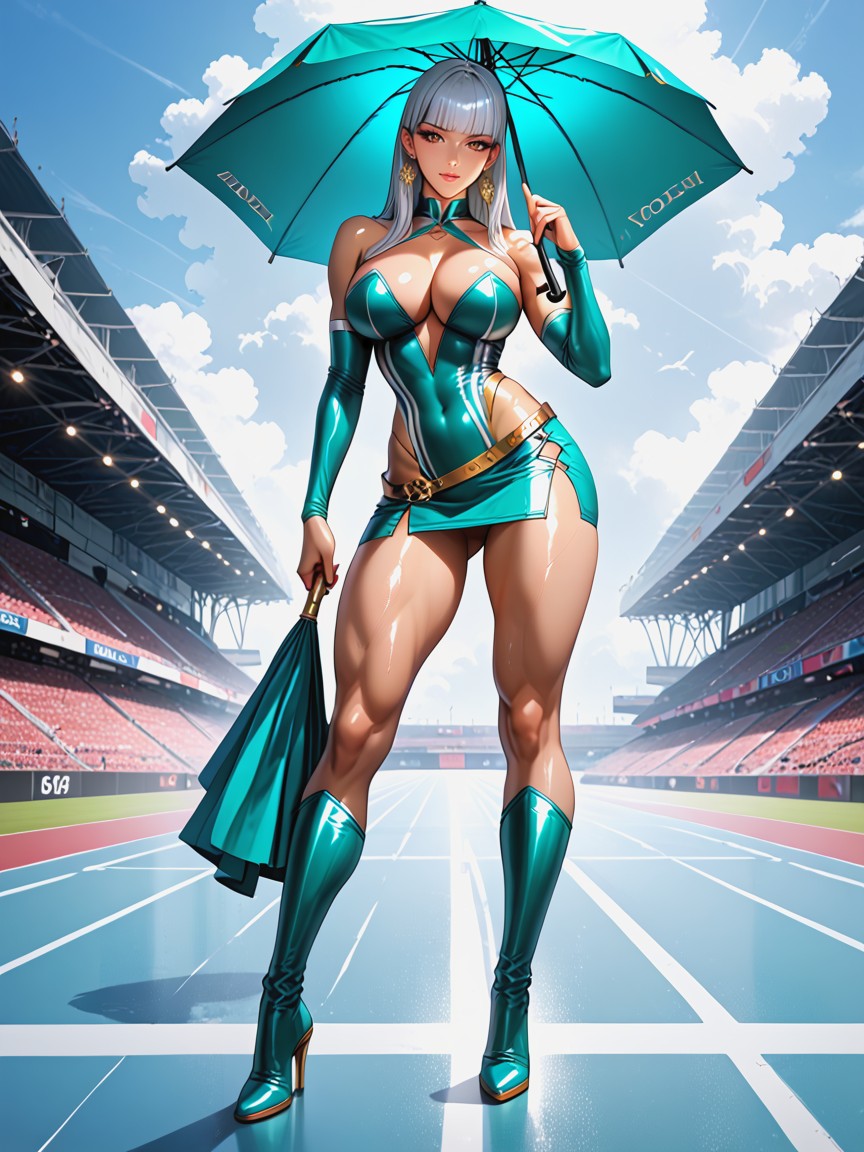 Deep Cleavage, Turquoise Low-rise Tight Skirt With A Deep Slit, Glossy Race Queen Outfit AI Porn