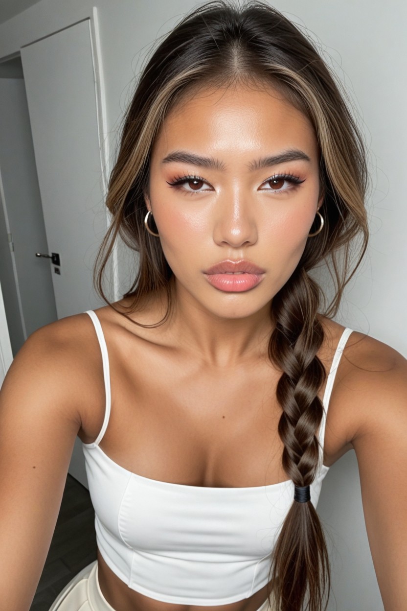 Dark Blonde Hair Extremely Realistic Face, Huge Brown Eyes, Fond Simple Porno IA