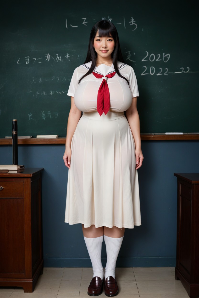 Blunt Bangs, Glassy Look On Her Face, Huge Massive Colossal Bulging Cleavage AI Porn