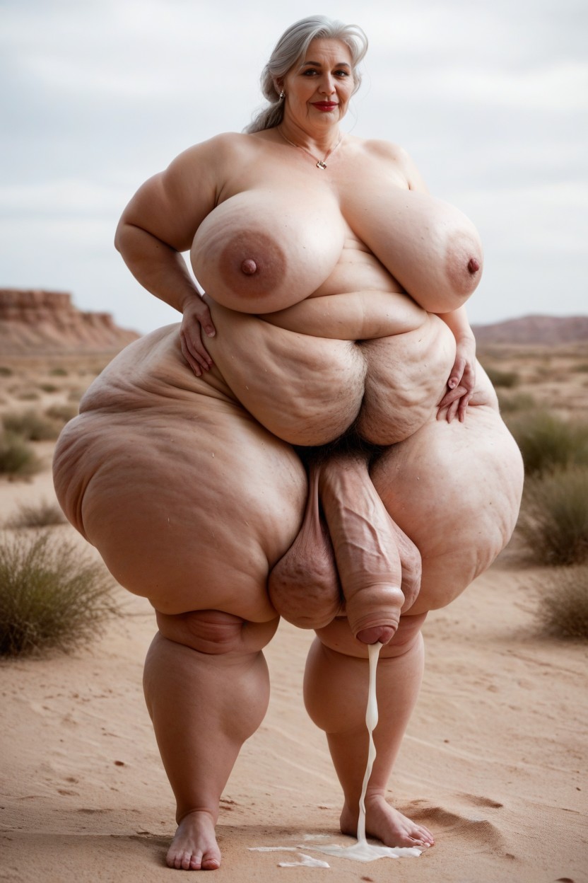 Wearing No Clothes, White Hair, Gigantic Saggy Breast AI Porn