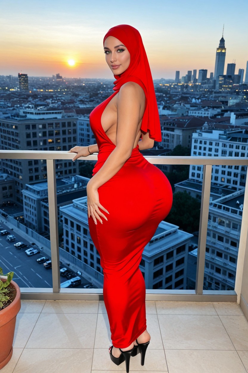 Brunette Belle, Virgin Killer Red Silk Dress Showing Side Boob And Ass Crack, Hyper Hips AIポルノ