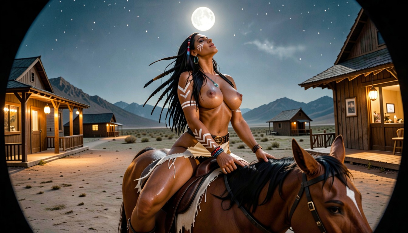 Warm Amber Lantern Light Spilling From A Nearby Saloon, Wide Angle, Her Body Arched Back AI Porn