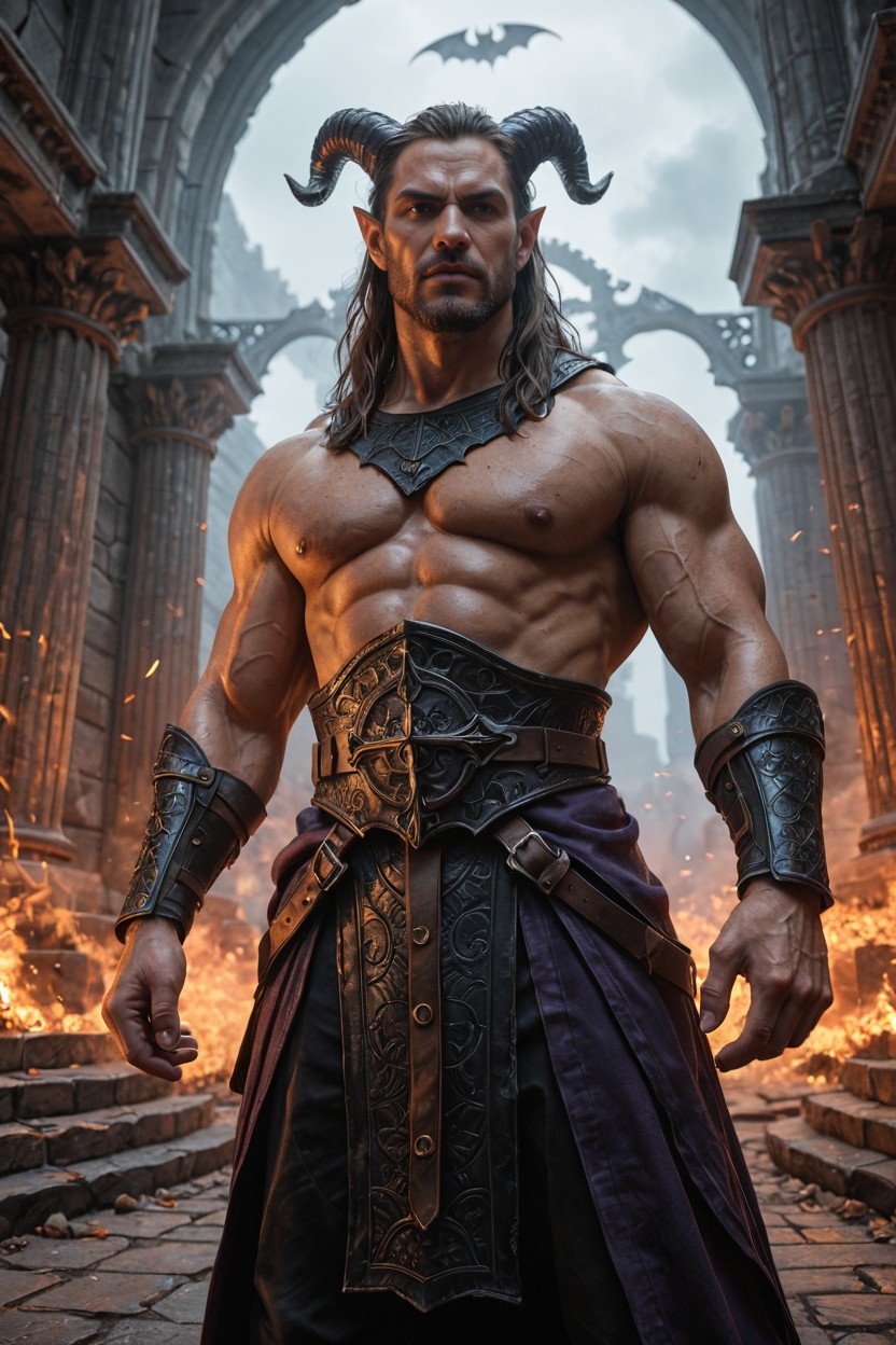 Dark Fantasy Fighting Game Character Design, Creating A Powerful Low-angle Fighting-game Character Perspective He Wears A Dark Purple Sleeveless Fantasy Warrior Vest, Realistic Skin Texture AI Porn