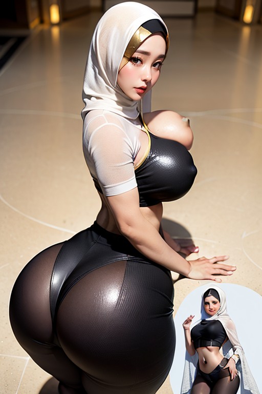 Standing, Cinematic, First Woman Wearing Ultra-tight High-waisted Glossy Black Leather Pants With Matching White Crop Top AI Porn