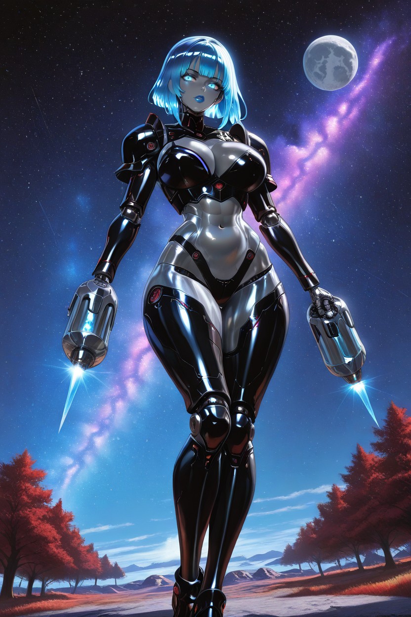 Black Armor Only On Her Torso, Two Moons Seen In The Sky, Silvery Skin AI Porn