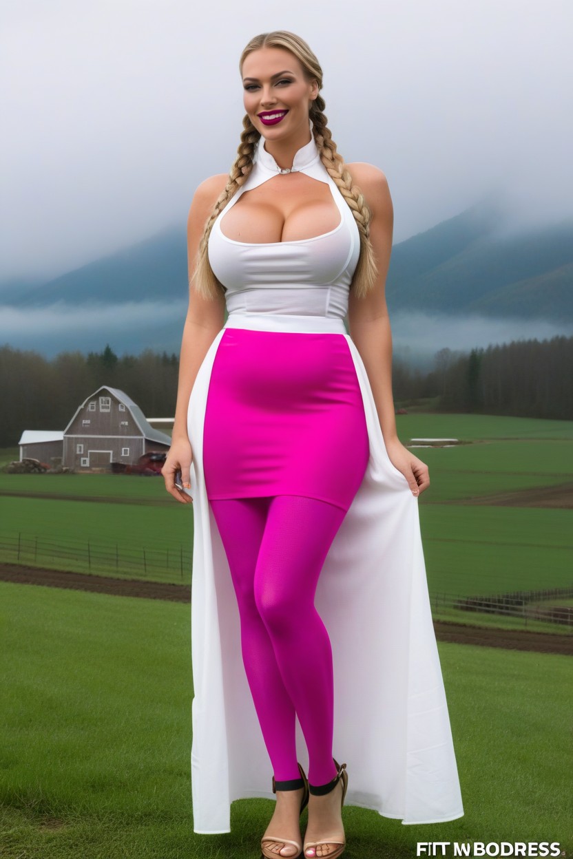Extremely Low Waist Measurements, Foggy Mountains At The Background, Top Model Bimbo AI Porn