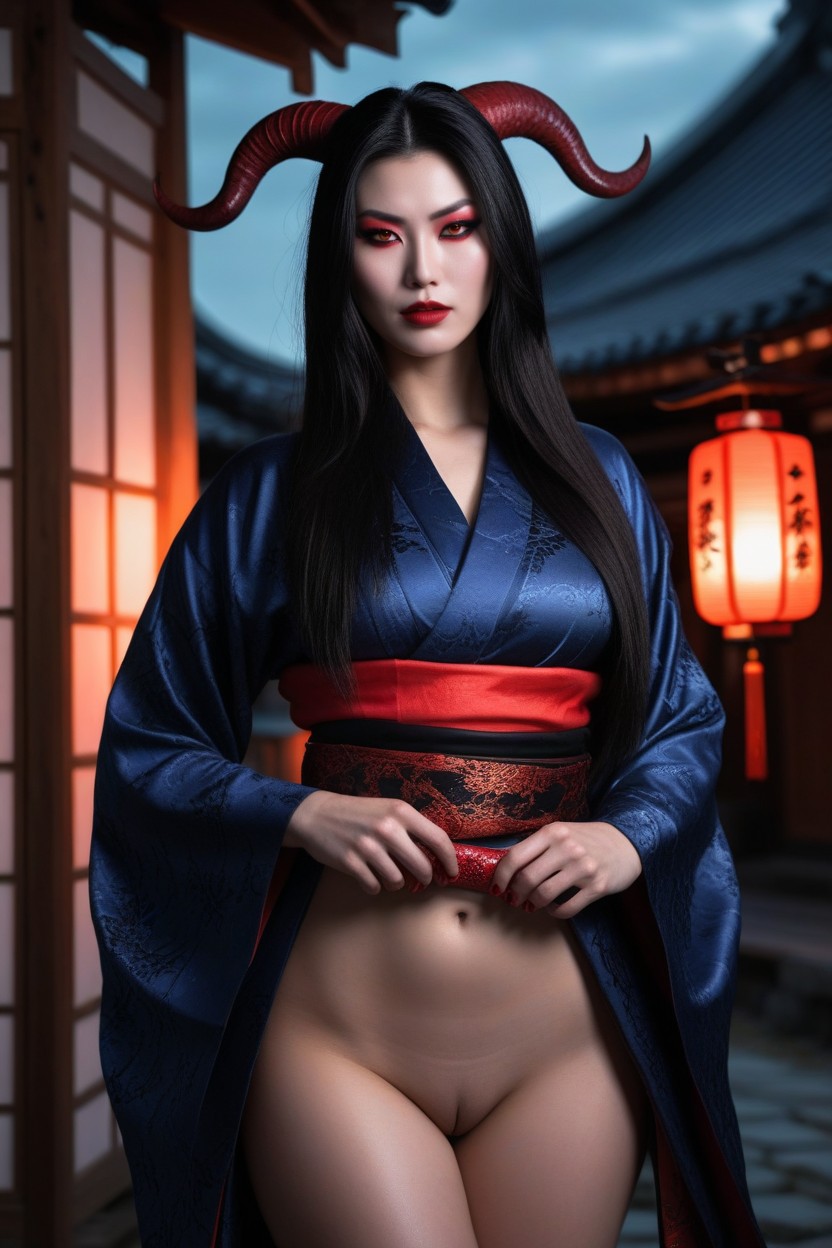 Kimono, Big Demon Horns, Figura Reloj De Arena Porno IA