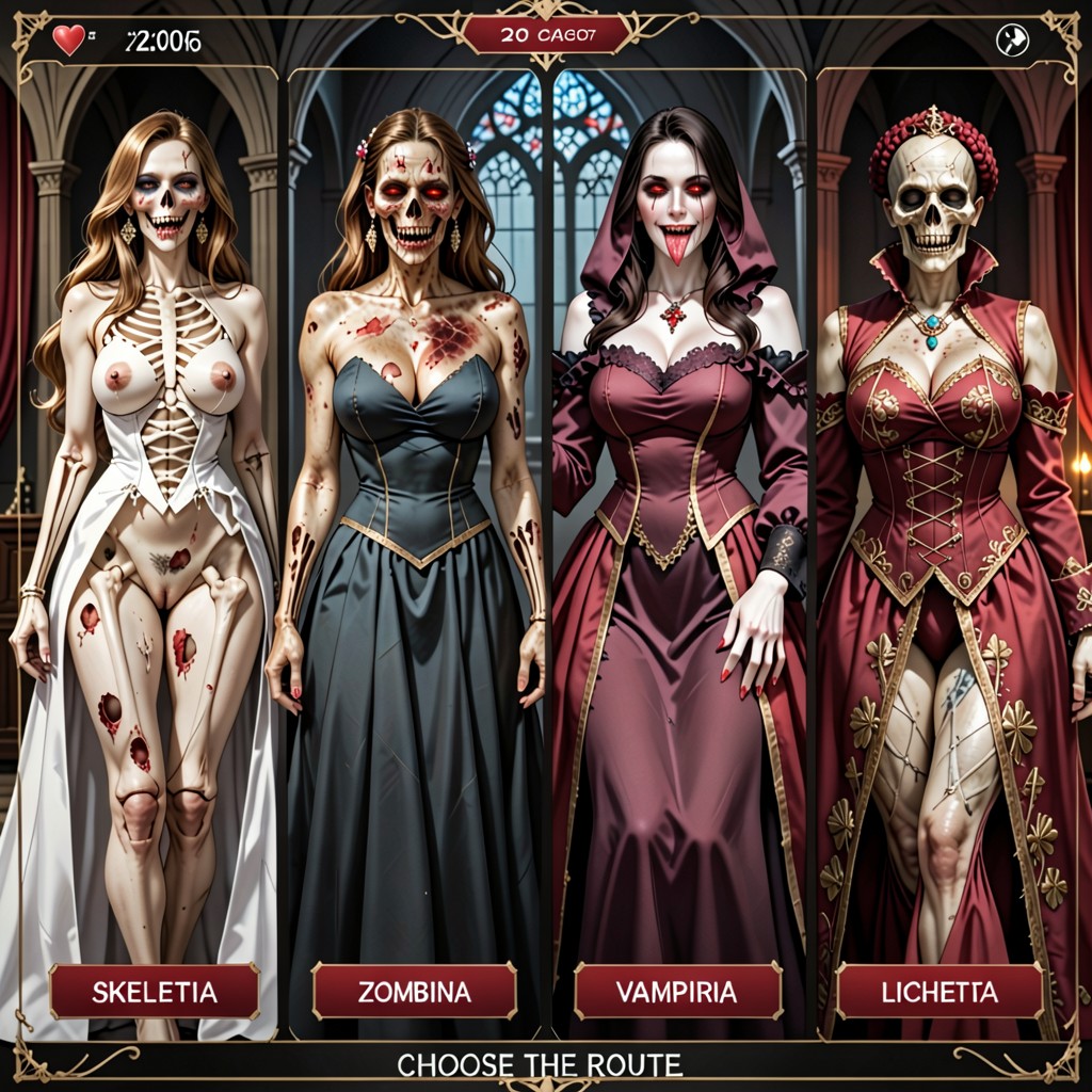 Posing Seductively Like A Romance Heroine, Beautiful Gothic Mansion, All Four Clearly Grotesquue And Horrifying Undead Creatures AI Porn