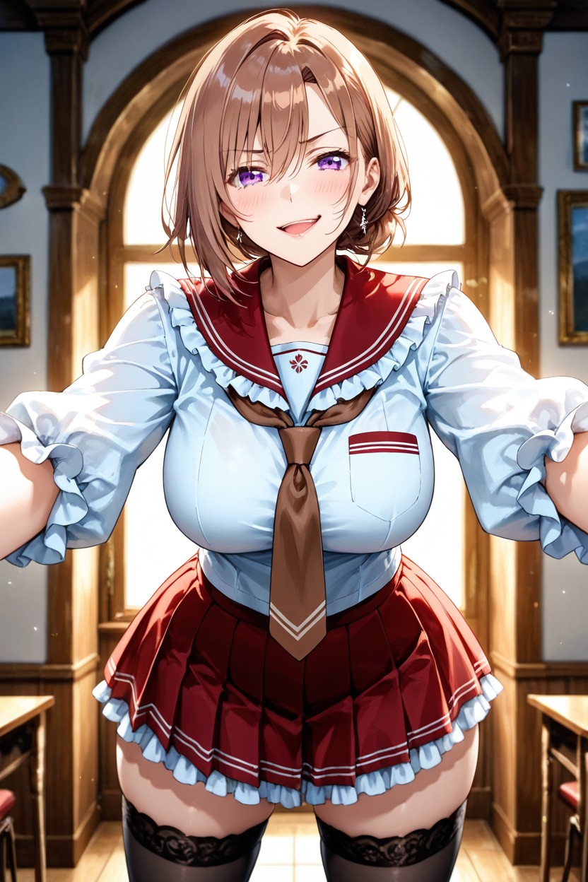 Smile, Brown Necktie, Skirt AI Porn