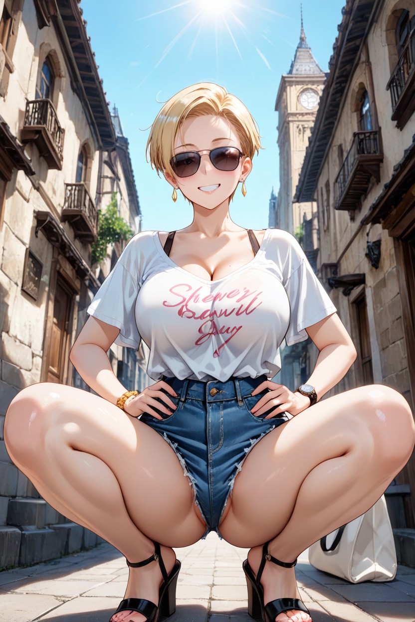 And A Slight Smile Her Style Is Simple And Summery She's Wearing A White Sleeved T-shirt, And Large, 小さなお尻 AIポルノ