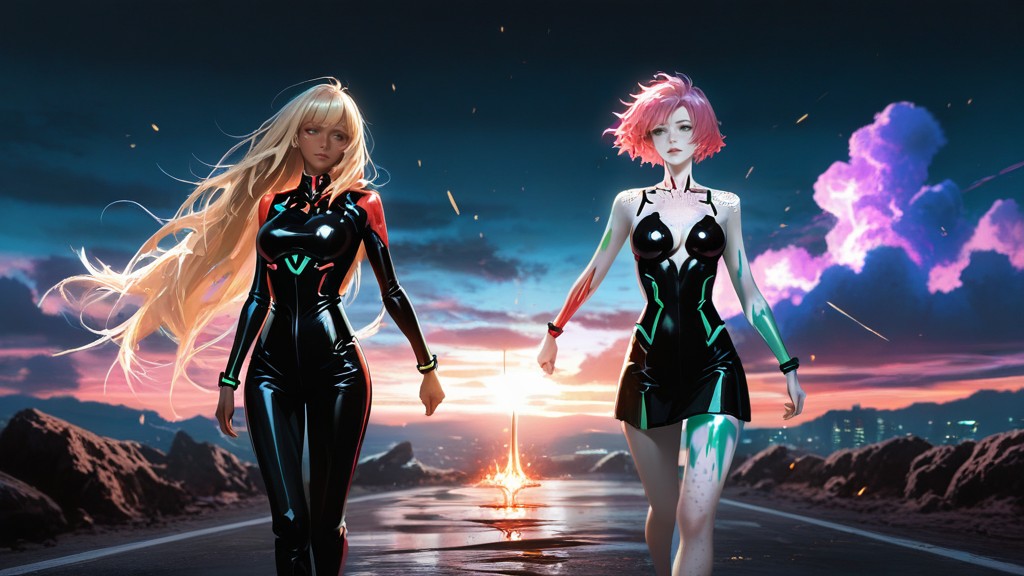 Cyberpunk Hacker, Small Breasts, Molten Gold Light Breaking Through Dark Thunderclouds AI Porn